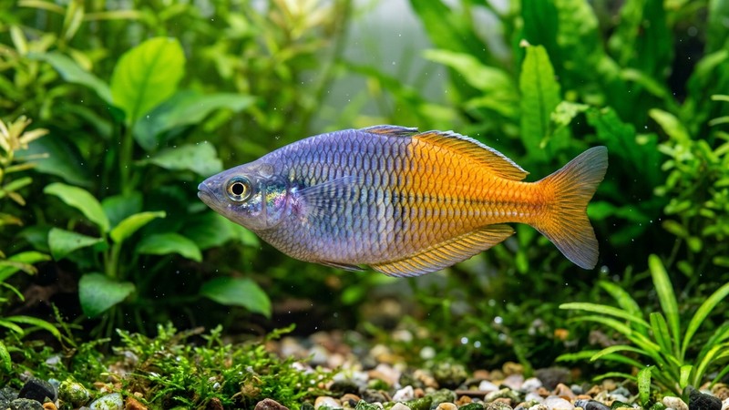 un pez colorido y sano con los ojos limpios y brillantes nadando en agua muy clara con plantas verdes al fondo