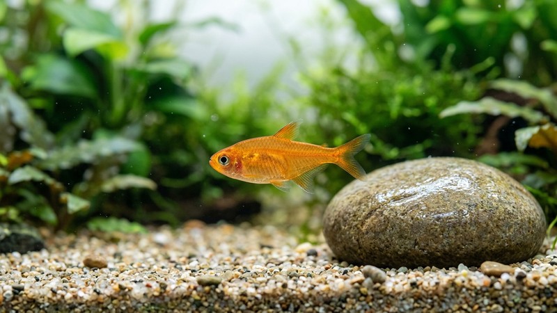 un solo pez tranquilo y sano de ojos claros nadando cerca de una decoración lisa y redondeada en un acuario de agua transparente