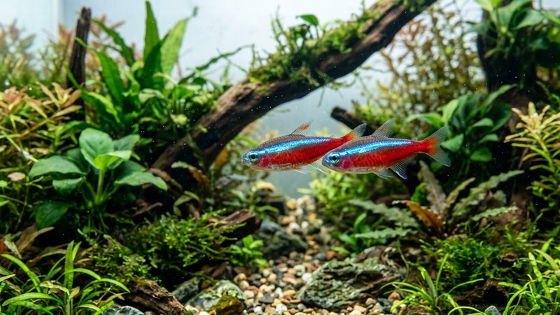 dos peces sanos de ojos claros nadando juntos en agua cristalina de un acuario plantado y limpio