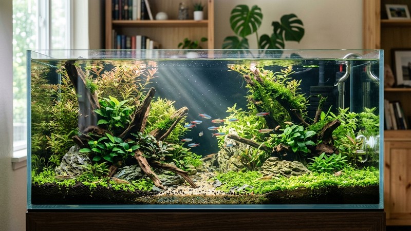 un acuario limpio y bien plantado con agua perfectamente transparente y luz suave entrando por el agua