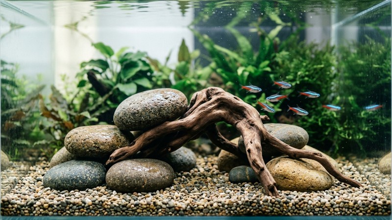 una decoración de acuario de piedras lisas y redondeadas y una raíz de cantos suaves en el fondo de grava limpia, con agua clara