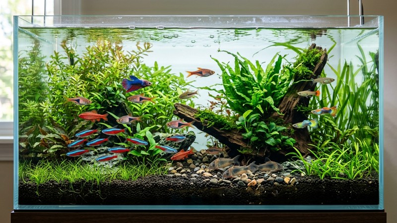 un acuario comunitario limpio y bien plantado con varios peces sanos de ojos brillantes nadando en agua clara