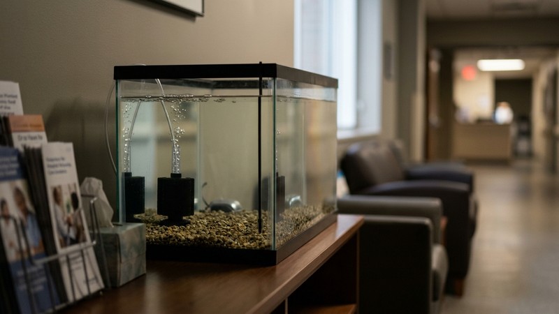 un pequeño acuario hospital limpio y vacío con un filtro de esponja y luz tenue, agua clara y tranquila