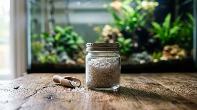 sales de Epsom en un pequeño recipiente de cristal en reposo sobre una mesa de madera, junto a un acuario limpio desenfocado al fondo