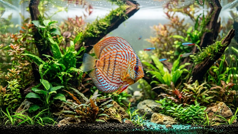 un pez sano de ojos claros y colores vivos nadando enérgico en un acuario plantado de agua cristalina