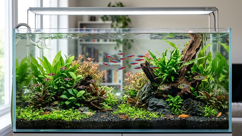 un acuario plantado sano y equilibrado con agua limpia, grava impecable y peces tranquilos de ojos brillantes
