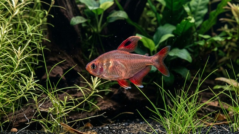 un tetra fantasma rojo en primer plano dentro de un acuario, su cuerpo rojizo y algo traslúcido con las aletas teñidas de rojo y puntas más claras, entre plantas finas y agua cristalina con fondo oscuro