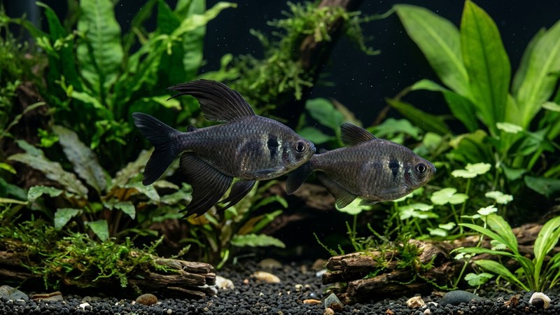 dos tetras fantasma negros nadando cerca, un macho con las aletas dorsal y anal grandes y alargadas junto a una hembra más pequeña de aletas cortas y cuerpo más lleno, en un acuario plantado de fondo oscuro