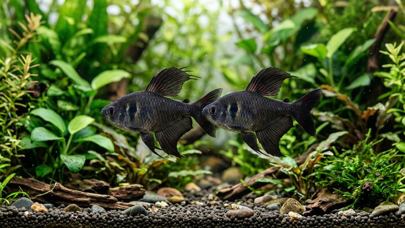 dos tetras fantasma negros macho enfrentados flanco contra flanco con las aletas completamente desplegadas en una exhibición ritual, sin contacto agresivo, en un acuario plantado de agua cristalina