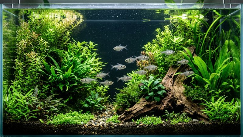 un acuario plantado de aguas cristalinas con plantas densas en los laterales y el fondo y una amplia zona central despejada para nadar, con un tronco de madera y varios tetras fantasma entre la vegetación