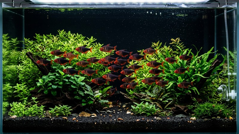 un acuario de sustrato oscuro y pared trasera negra, donde un grupo de tetras fantasma negros y rojos destaca con colores intensos y profundos entre plantas acuáticas verdes