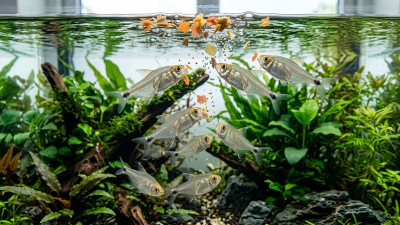 escamas y pequeños gránulos de comida para peces cayendo sobre la superficie del agua de un acuario mientras varios tetras fantasma suben a alimentarse, agua cristalina y plantas al fondo