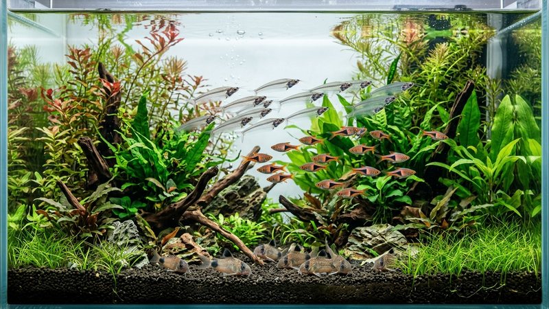 un acuario comunitario armonioso con tetras fantasma nadando junto a rasboras y corydoras en el fondo, todos sanos y vigorosos, en un acuario plantado de agua cristalina