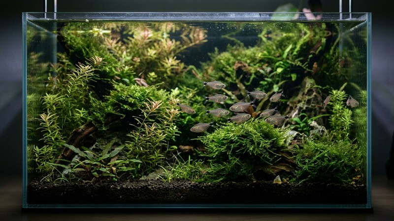 un pequeño acuario de cría con plantas de hoja muy fina y musgo, luz tenue y agua clara, donde unos tetras fantasma nadan entre la vegetación delicada