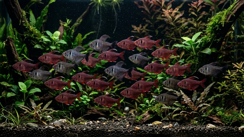 un cardumen mixto de tetras fantasma negros de cuerpo ahumado y tetras fantasma rojos de cuerpo granate nadando juntos en un acuario plantado de fondo oscuro, creando un contraste elegante entre el humo y el rojo