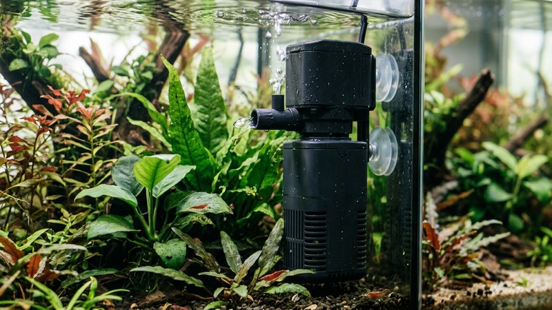 un primer plano de un filtro interno sumergido dentro de un acuario plantado
