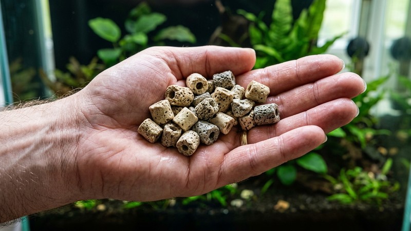 un primer plano de material biológico poroso de acuario, piedritas cerámicas, en la palma de una mano