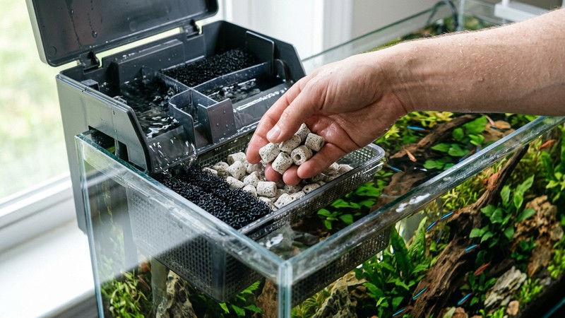 una mano metiendo material biológico poroso dentro del compartimento de un filtro de acuario