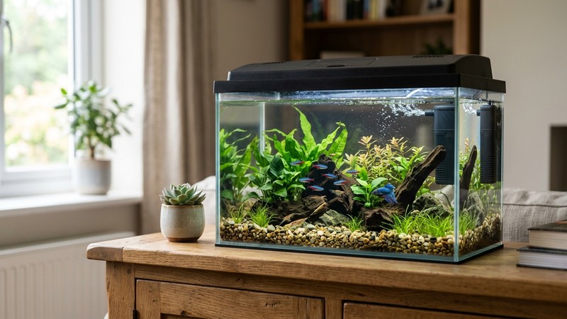 un acuario pequeño con tapa y un filtro interno, colocado sobre un mueble