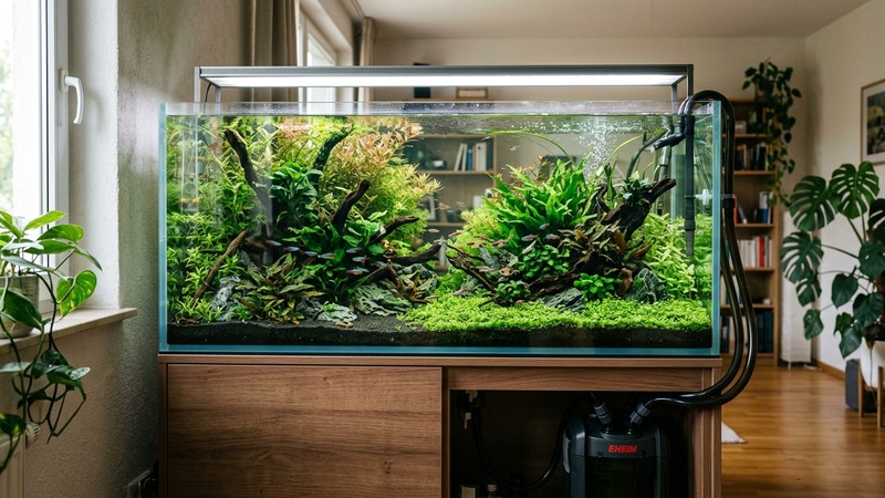 un acuario grande y muy plantado con un filtro externo y el agua muy clara