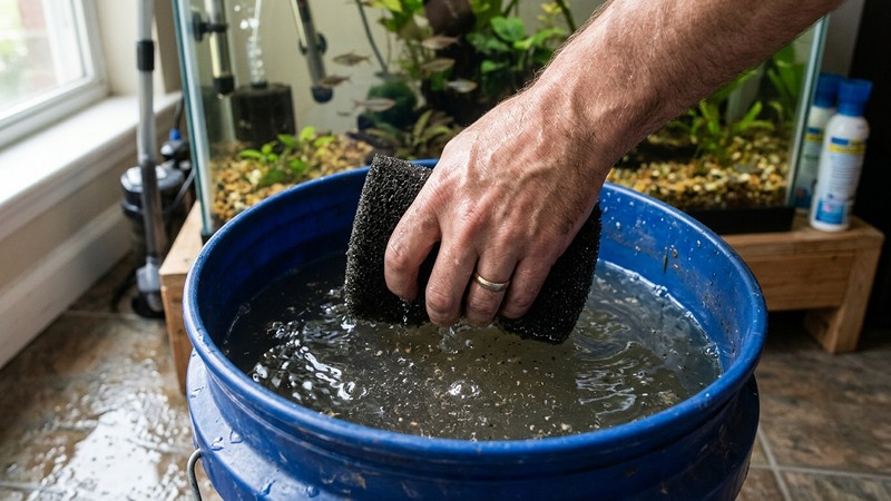 una mano enjuagando una esponja de filtro en un cubo con agua del acuario