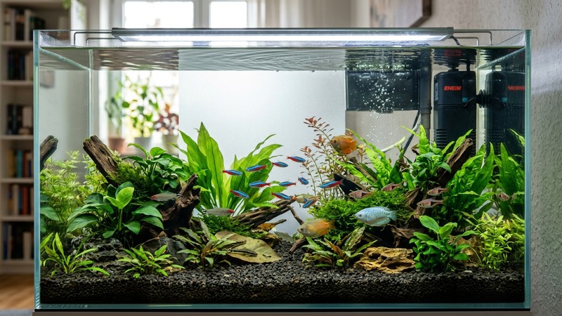 un acuario sano y equilibrado con peces tranquilos y el filtro trabajando al fondo