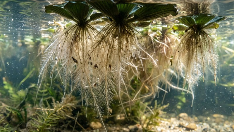un primer plano de las raíces finas y aterciopeladas de plantas flotantes colgando bajo la superficie en agua muy clara