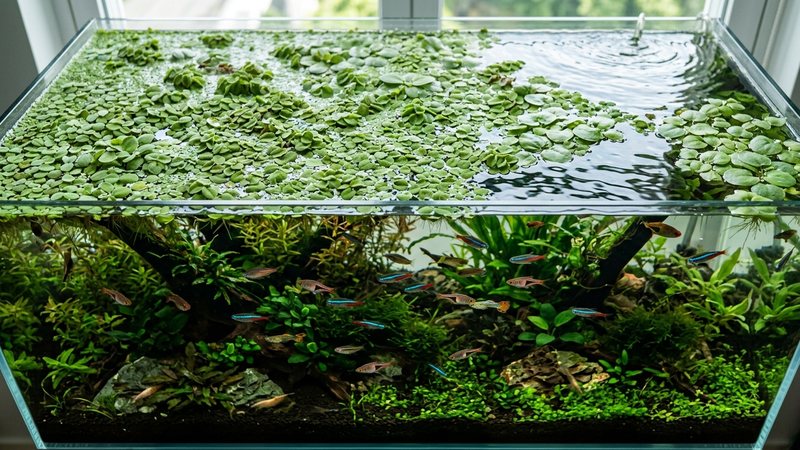 plantas flotantes verdes cubriendo densamente la superficie de un acuario plantado y bien poblado de peces, agua cristalina