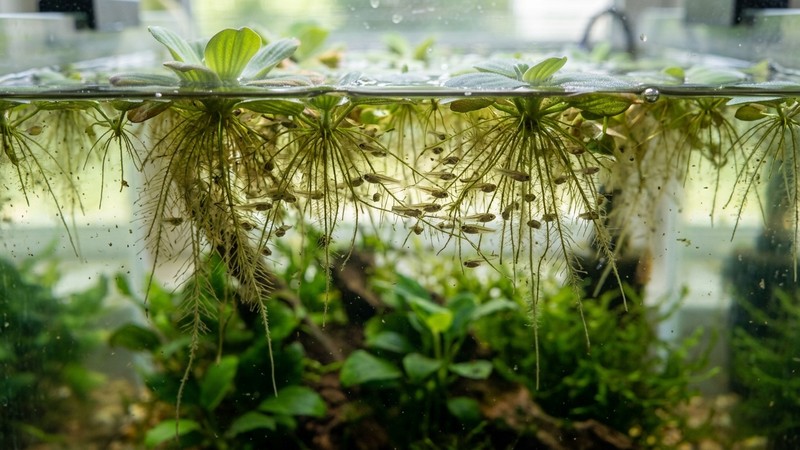 diminutos alevines escondidos entre las raíces colgantes de plantas flotantes cerca de la superficie del acuario