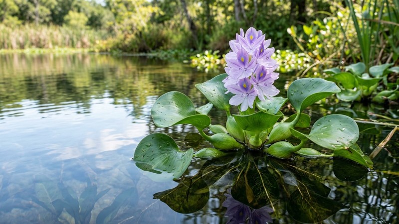 un jacinto de agua con una flor lila y hojas grandes y lustrosas flotando sobre agua clara
