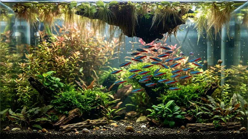 un acuario comunitario tranquilo con un cardumen de tetras nadando bajo la sombra de las plantas flotantes de la superficie
