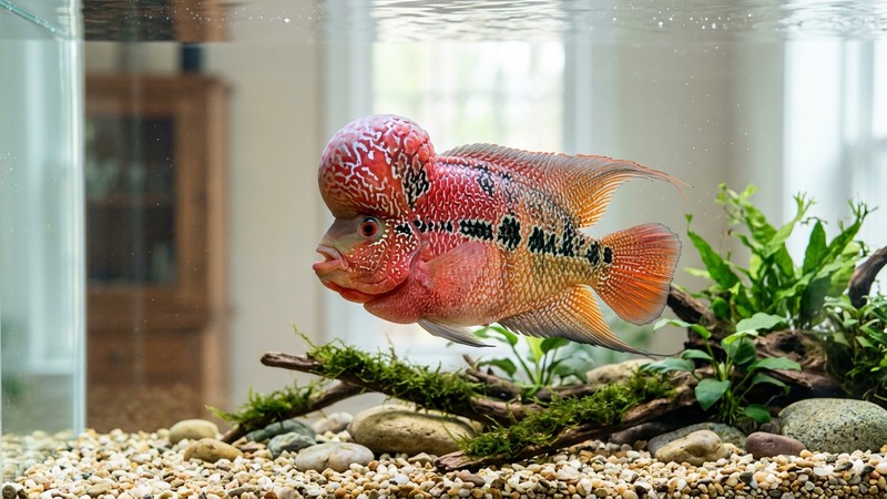 un pez flowerhorn de cuerpo robusto y gran joroba nadando en un acuario grande y despejado de agua muy clara, con espacio de sobra a su alrededor