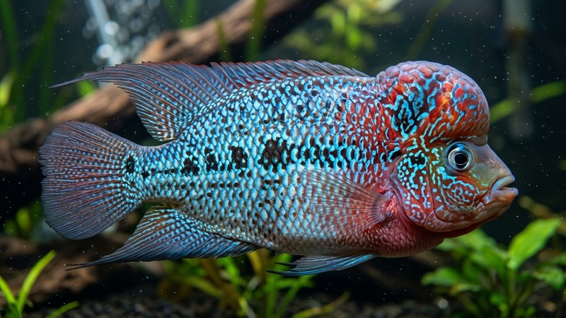 un primer plano lateral de un flowerhorn donde se aprecian sus manchas oscuras rodeadas de tonos azules brillantes que parecen flores dibujadas sobre las escamas