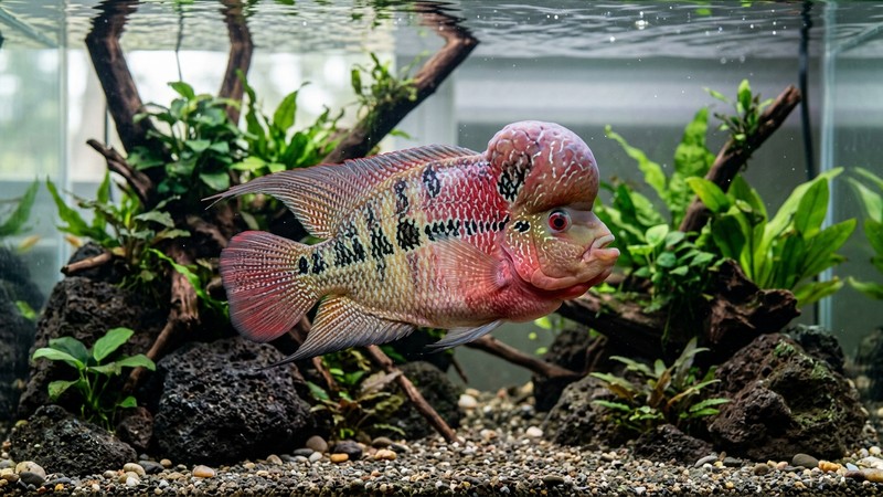 un flowerhorn de línea clásica con cuerpo grueso y perfil de cíclido centroamericano, gran cabeza y joroba, en un acuario amplio de agua cristalina