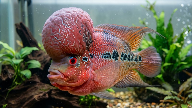 un primer plano de la enorme joroba o kok en la frente de un flowerhorn macho, muy desarrollada y espectacular, con el pez sano y colorido en un acuario limpio