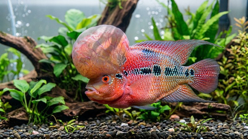 la gran joroba de agua de un flowerhorn, muy grande y de aspecto blando y casi translúcido, iluminada suavemente, con el pez de colores vivos en agua cristalina