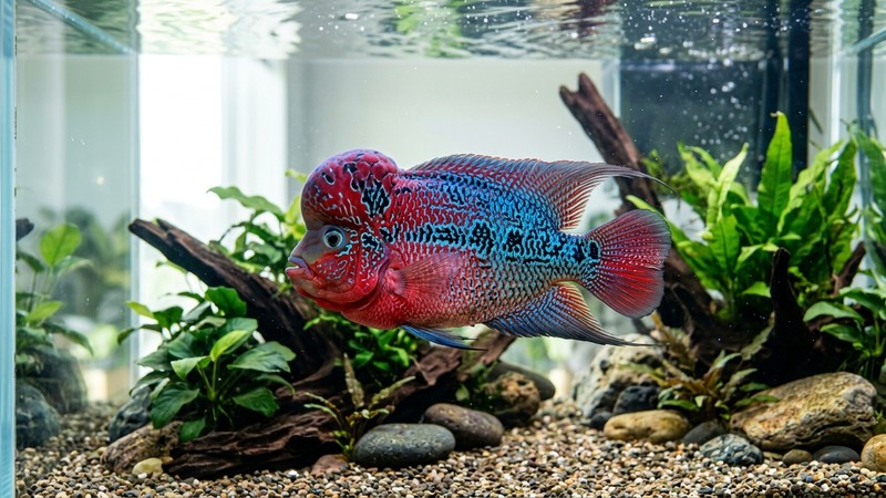 un flowerhorn de intenso color azul metálico y rojo con marcas negras muy marcadas que recuerdan a símbolos, nadando en un acuario amplio y luminoso