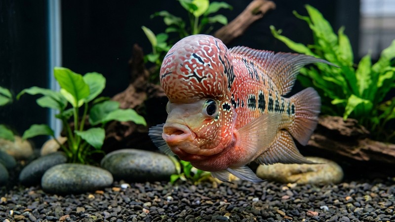 un flowerhorn curioso y atento asomado muy cerca del cristal frontal de su acuario, mirando hacia fuera con actitud sociable, agua cristalina