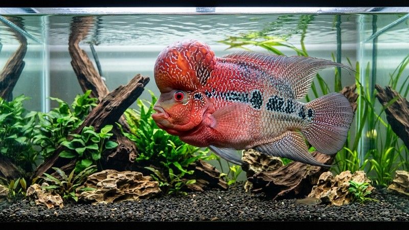 un enorme flowerhorn adulto ocupando buena parte de un acuario muy grande, que transmite su gran tamaño frente al volumen del tanque de agua clara