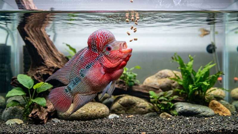 un flowerhorn sano y vigoroso capturando alimento que cae sobre la superficie del agua en un acuario amplio y muy limpio, colores intensos