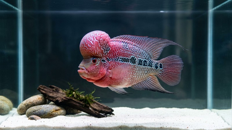 un único flowerhorn grande y dominante ocupando en solitario su acuario espacioso de agua cristalina, con decoración mínima de rocas