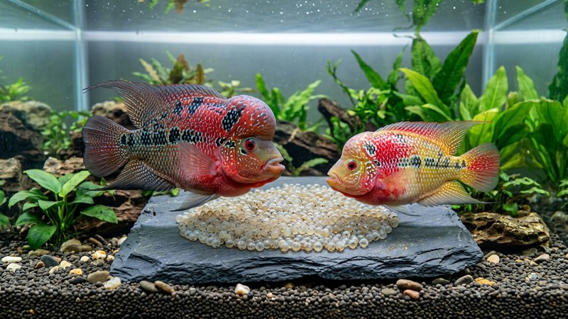 una pareja de flowerhorn junto a una superficie plana con una gran puesta de huevos en un acuario amplio de agua cristalina, ambos peces coloridos y sanos