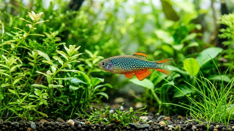 un macho de danio celestial de color intenso, cuerpo azul verdoso con puntos dorados y aleta anal naranja encendido, entre plantas verdes de un acuario limpio
