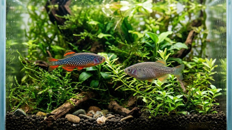 un macho de danio celestial vistoso junto a una hembra de tonos más apagados y cuerpo más redondeado, nadando entre plantas de un nano acuario