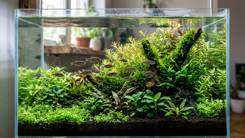 un pequeño nano acuario muy plantado de 30 litros con varios danios celestiales diminutos azul oscuro con puntos dorados nadando entre la vegetación
