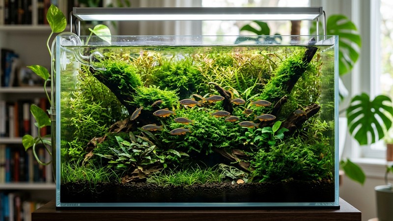 un nano acuario con vegetación muy densa y musgo abundante donde varios danios celestiales de puntos dorados se sienten protegidos