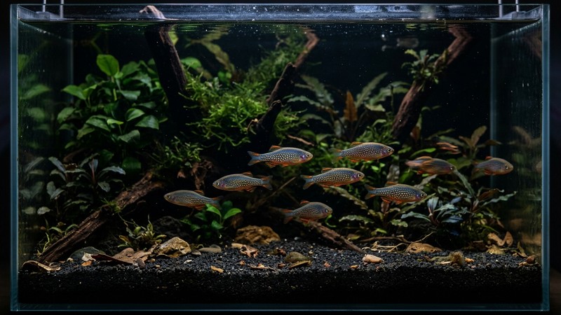 un nano acuario con sustrato de arena oscura fina e iluminación tenue, con danios celestiales de puntos dorados resaltando sobre el fondo oscuro