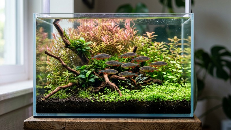 un grupo de ocho o diez danios celestiales diminutos de puntos dorados formando cardumen en un nano acuario plantado de agua cristalina