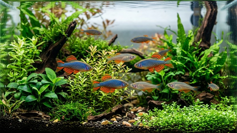 varios machos de danio celestial exhibiendo su color azul y dorado mientras cortejan a las hembras entre las plantas de un acuario limpio