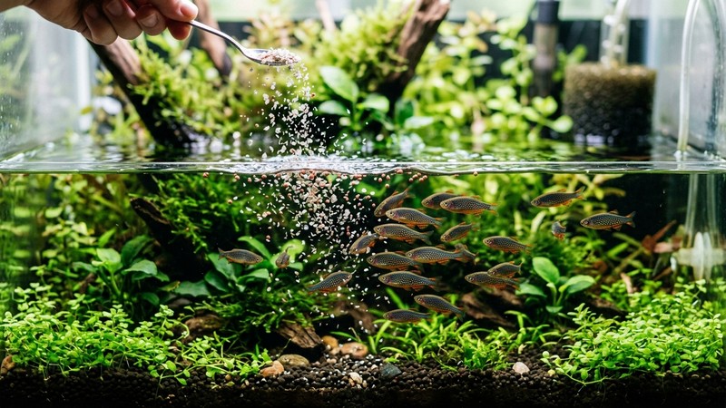escamas muy finas y microgránulos diminutos cayendo sobre la superficie del agua de un nano acuario con danios celestiales de puntos dorados nadando debajo